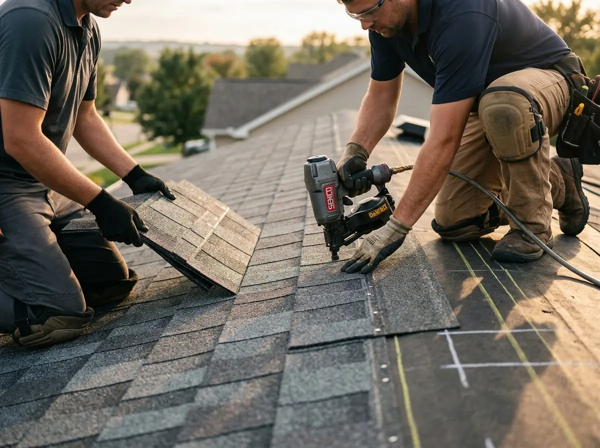 Professional roofer working on a residential roof in Clarks Summit
